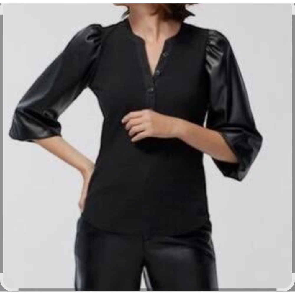 NWOT Chico's Ribbed Knit Top Faux Leather Sleeve Blouse Button Front Medium‎